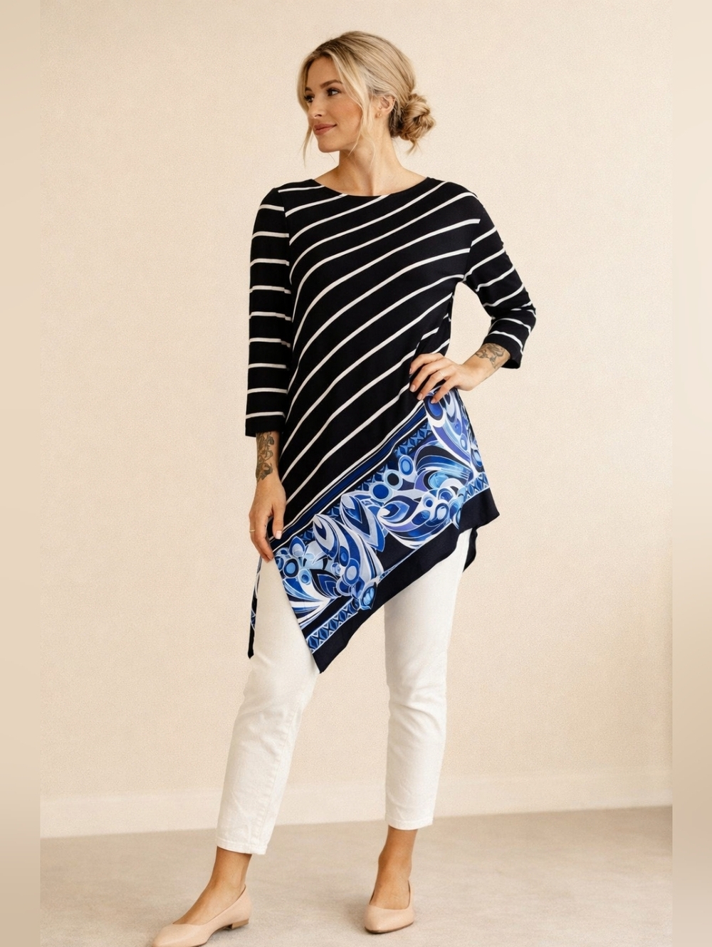 Chico’s Travelers Asymmetrical Tunic Top Black Blue Stripe Print L 12